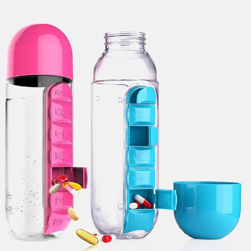 Daily Water Bottle with 7-Day Pill Box Built-In