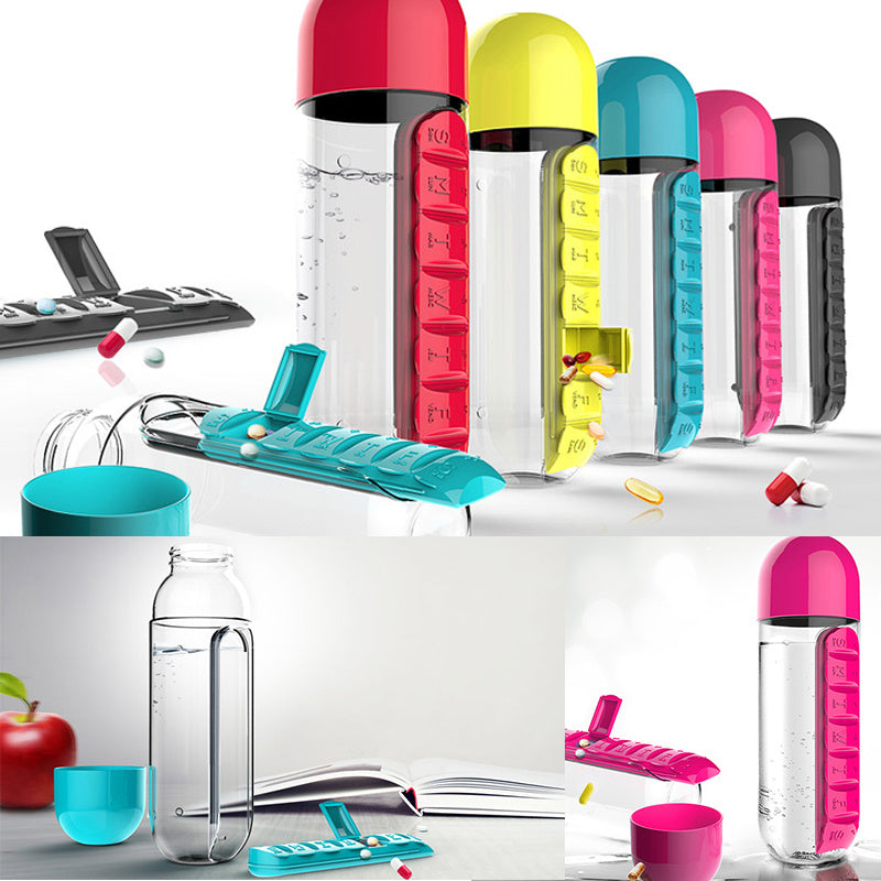 Daily Water Bottle with 7-Day Pill Box Built-In