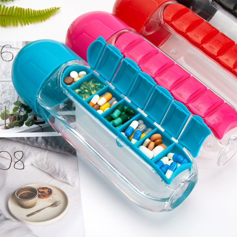 Daily Water Bottle with 7-Day Pill Box Built-In